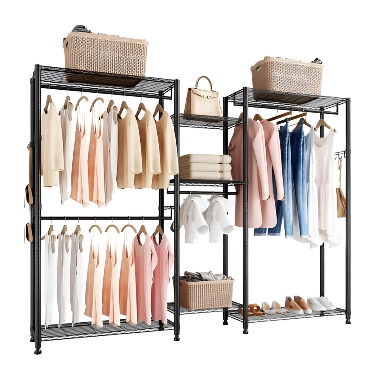 Black Carbon Steel 7-Tier Wardrobe Rack with 4 Rods and 8 Hooks